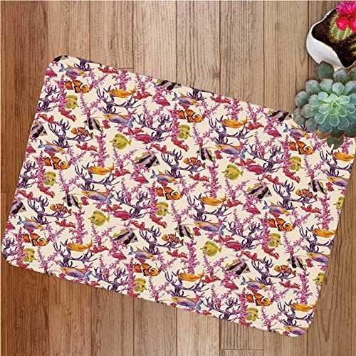Estera para acuarelas en la puerta delantera, algas inspiradas a la vendimia, alga coralina y pez Ilustración, tapete de baño retro con tema de acuario para alfombras de baño interiores o exteriores