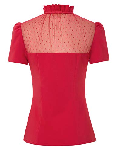 Estilo de los años 50 para Mujer Verano Manga abullonada Cuello Alto Shrits Blusas Casuales Azul Marino # 2099 XX-Large rojaBPS02099-2_XL