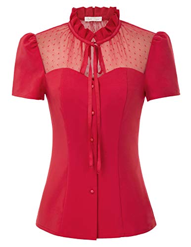 Estilo de los años 50 para Mujer Verano Manga abullonada Cuello Alto Shrits Blusas Casuales Azul Marino # 2099 XX-Large rojaBPS02099-2_XL