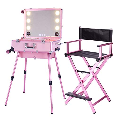 Estuche de maquillaje profesional 2 en 1 Trolley Estuche cosmético portátil para artistas con luces LED Espejo Negro Silla plegable de gran capacidad para director,Rosado