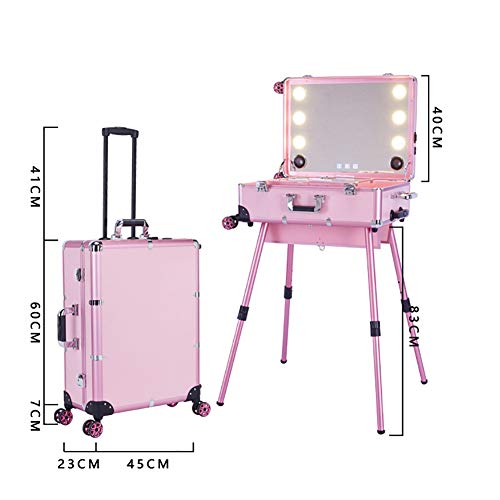 Estuche de maquillaje profesional 2 en 1 Trolley Estuche cosmético portátil para artistas con luces LED Espejo Negro Silla plegable de gran capacidad para director,Rosado
