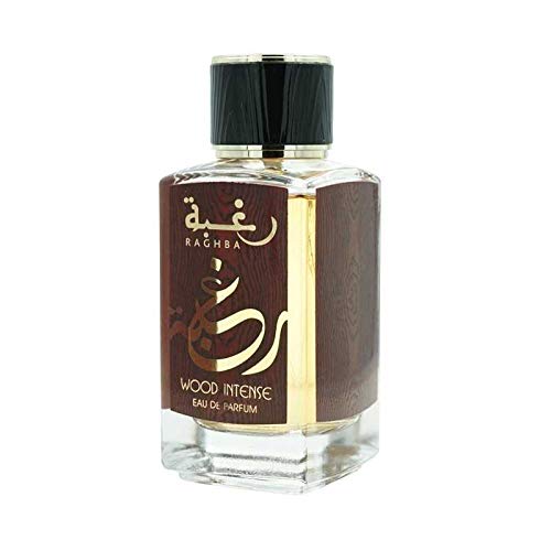 Estuche de perfume Raghba Wood Intense para hombre y mujer Attar Árabe con agua de perfume 100 ml + desodorante de 200 ml. Notas: madera, balsámica, suave, ahumado, caramel, Oud