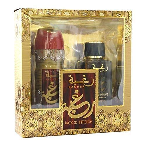 Estuche de perfume Raghba Wood Intense para hombre y mujer Attar Árabe con agua de perfume 100 ml + desodorante de 200 ml. Notas: madera, balsámica, suave, ahumado, caramel, Oud