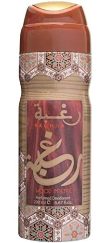 Estuche de perfume Raghba Wood Intense para hombre y mujer Attar Árabe con agua de perfume 100 ml + desodorante de 200 ml. Notas: madera, balsámica, suave, ahumado, caramel, Oud