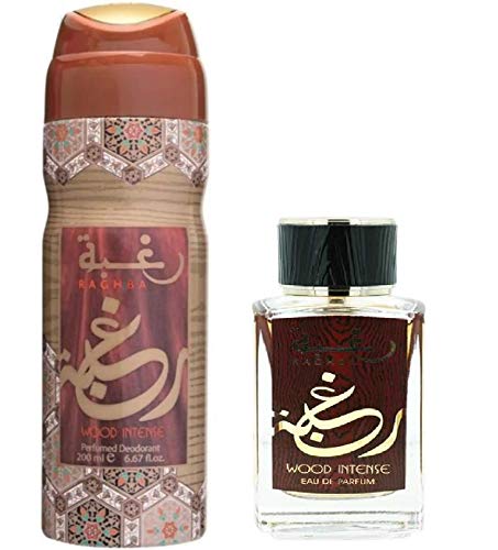 Estuche de perfume Raghba Wood Intense para hombre y mujer Attar Árabe con agua de perfume 100 ml + desodorante de 200 ml. Notas: madera, balsámica, suave, ahumado, caramel, Oud