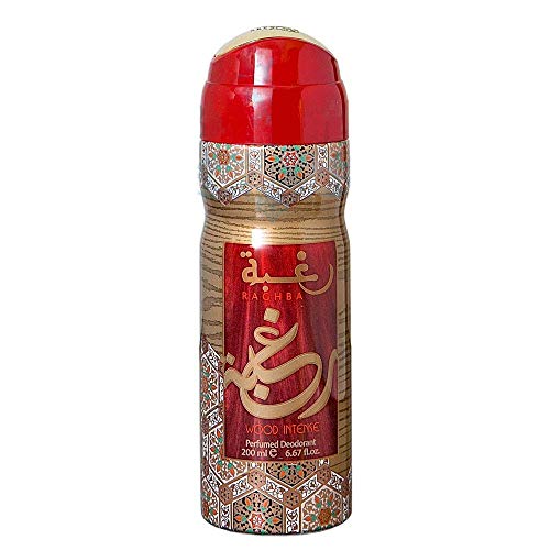 Estuche de perfume Raghba Wood Intense para hombre y mujer Attar Árabe con agua de perfume 100 ml + desodorante de 200 ml. Notas: madera, balsámica, suave, ahumado, caramel, Oud