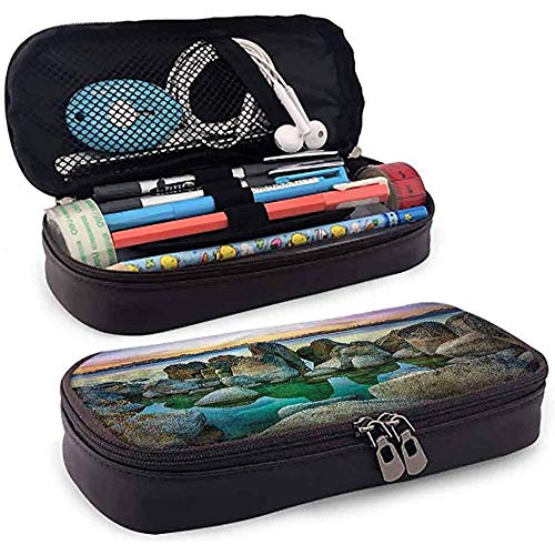 Estuche para lápices, Estuche de cuero para estuches, Estuche para lápices, Cremalleras lisas de gran capacidad Lake Californian Coastline 4cmx9.2cmx20cm