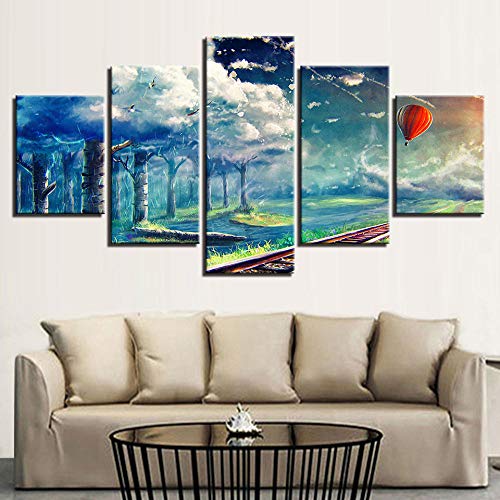 Eternity-Cartel Lienzo Modular Imagen Arte De La Pared 5 Piezas Globo De Aire Caliente Bosque Nubes Blancas Pintura De Paisaje Hd Impresión Decoración Sala De Estar