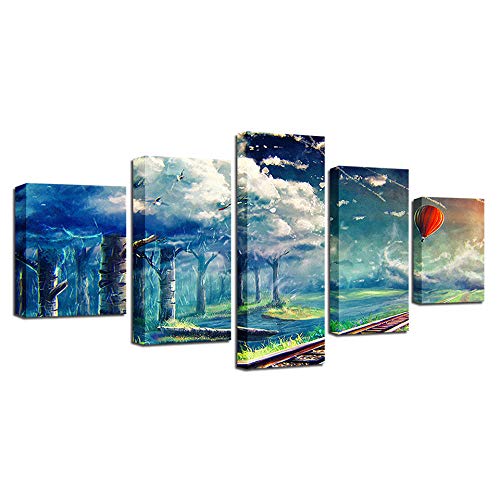 Eternity-Cartel Lienzo Modular Imagen Arte De La Pared 5 Piezas Globo De Aire Caliente Bosque Nubes Blancas Pintura De Paisaje Hd Impresión Decoración Sala De Estar