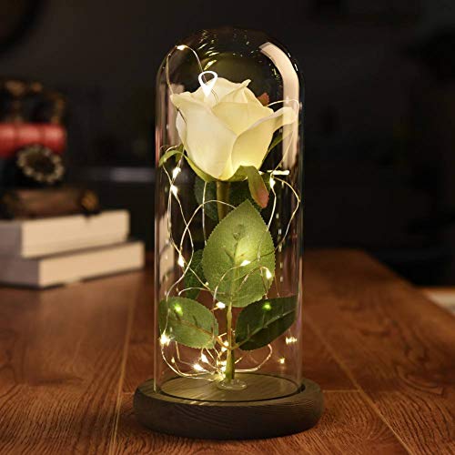 Etopfashion Beauty and The Beast Red Rose Scenery Cubierta de cristal artificial Led en una cúpula de cristal con una base de madera para regalos de Niña Aniversario Decoración del hogar (Rosa blanca)