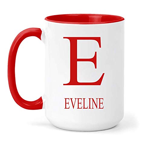Eveline - Taza, diseño de nombre e inicial, color blanco, azul marino