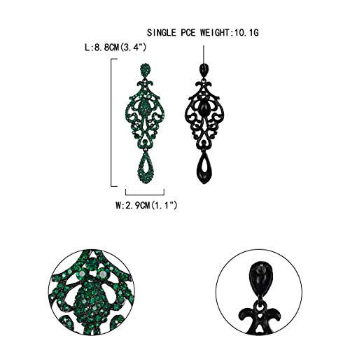 EVER FAITH Mujer Cristal Austríaco Boda Vintage Flor Patrón Ahuecado Pendientes Verde Tono Negro