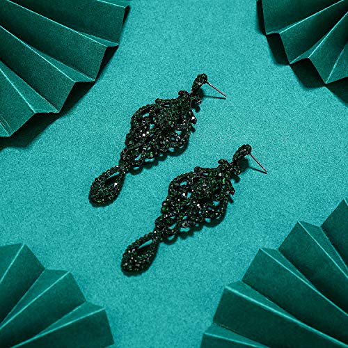 EVER FAITH Mujer Cristal Austríaco Boda Vintage Flor Patrón Ahuecado Pendientes Verde Tono Negro