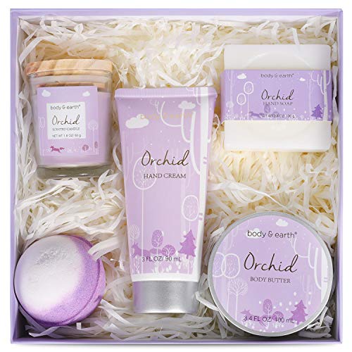 Experiencia de Spa en Una Caja - Set de Baño y Ducha Lujoso de 5 Piezas a Orquídeas, Incluye Vela Perfumada, Manteca Corporal, Sales de Baño. Regalo para Spa en el Hogar, Relajación Ideal