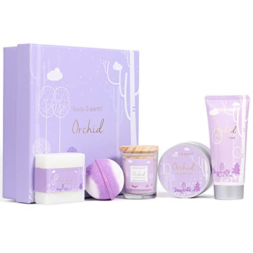 Experiencia de Spa en Una Caja - Set de Baño y Ducha Lujoso de 5 Piezas a Orquídeas, Incluye Vela Perfumada, Manteca Corporal, Sales de Baño. Regalo para Spa en el Hogar, Relajación Ideal