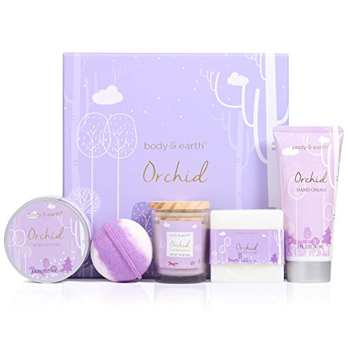 Experiencia de Spa en Una Caja - Set de Baño y Ducha Lujoso de 5 Piezas a Orquídeas, Incluye Vela Perfumada, Manteca Corporal, Sales de Baño. Regalo para Spa en el Hogar, Relajación Ideal
