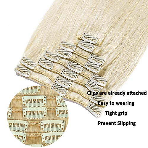 Extensiones de Cabello Natural Clip Pelo Humano (Double Drawn) 8 Piezas 18 Clips 100% Remy Human Hair - 10"/25CM #60 Rubio Platino