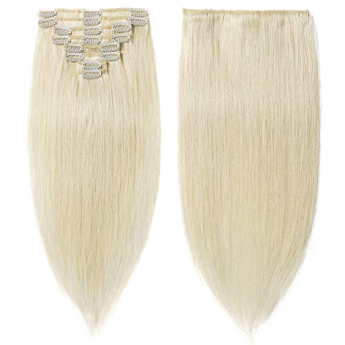 Extensiones de Cabello Natural Clip Pelo Humano (Double Drawn) 8 Piezas 18 Clips 100% Remy Human Hair - 10"/25CM #60 Rubio Platino