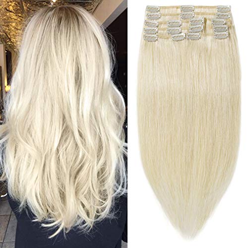 Extensiones de Cabello Natural Clip Pelo Humano (Double Drawn) 8 Piezas 18 Clips 100% Remy Human Hair - 10"/25CM #60 Rubio Platino