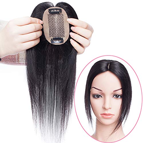 Extensiones de Pelo Natural Clip Flequillo Ideados para Dar el Volumen en La Parte Superior de La Cabeza Cabello Humano 100% Remy Postizos Prótesis Capilares (35cm,23g,#1B Negro Natural)