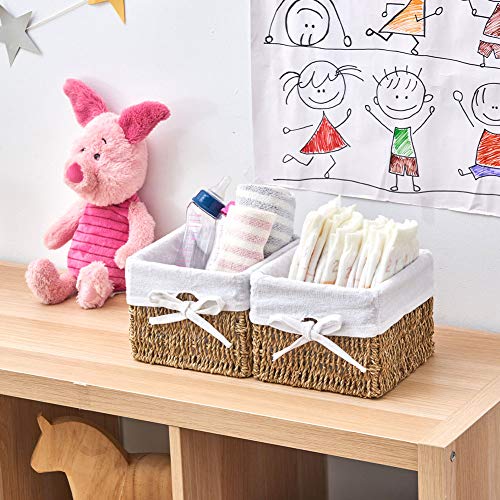 EZOWare Set de 4 Cestas de Almacenamiento de Mimbre de Natural Algas Marinas, Caja Organizadora Decorativo con Forro de Tela Extraíble Ideal para Baño, Cocina o Decoración del Hogar - 18 x 18 x 14 cm