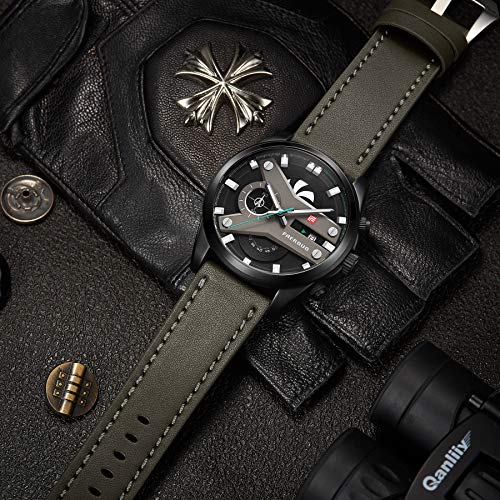 FAERDUO Relojes para Hombre Moda Impermeable Deportes Reloj de Cuarzo Esfera Negra Reloj de Pulsera de Cuero Cronógrafo Calendario Reloj