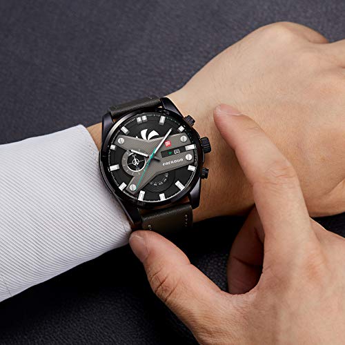 FAERDUO Relojes para Hombre Moda Impermeable Deportes Reloj de Cuarzo Esfera Negra Reloj de Pulsera de Cuero Cronógrafo Calendario Reloj