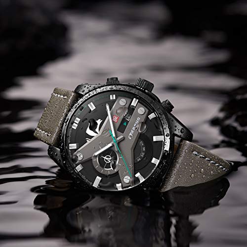 FAERDUO Relojes para Hombre Moda Impermeable Deportes Reloj de Cuarzo Esfera Negra Reloj de Pulsera de Cuero Cronógrafo Calendario Reloj