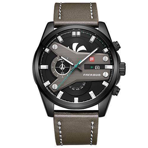FAERDUO Relojes para Hombre Moda Impermeable Deportes Reloj de Cuarzo Esfera Negra Reloj de Pulsera de Cuero Cronógrafo Calendario Reloj