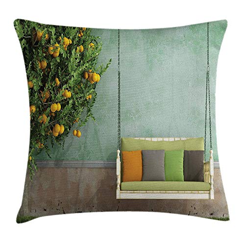 FAFANI Garden Throw Pillow Cushion Cover, Vintage Wooden Swing in The Garden of an Old House with a Lemon Tree Summertime, Decorative Square Accent Pillow Case, 18 X 18 Inches, Yellow Green