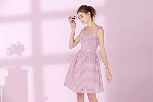 Fecha de vacaciones Premium cintura era vestido delgado Vestido de falda de señora Suspender Falda de una línea de rayas rosadas for mujer Temperamento de cintura alta Ruffle Gentle Wind Princess Dres