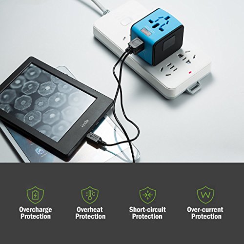 FEIGO Adaptador Enchufe de Viaje Universal Dos Puertos USB Cargador Internacional con MAX 2.4A para US EU UK AU Japon Asia África Más de 150 Países y Seguridad de Fusibles (Azul)