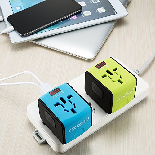 FEIGO Adaptador Enchufe de Viaje Universal Dos Puertos USB Cargador Internacional con MAX 2.4A para US EU UK AU Japon Asia África Más de 150 Países y Seguridad de Fusibles (Azul)