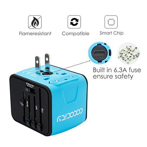 FEIGO Adaptador Enchufe de Viaje Universal Dos Puertos USB Cargador Internacional con MAX 2.4A para US EU UK AU Japon Asia África Más de 150 Países y Seguridad de Fusibles (Azul)