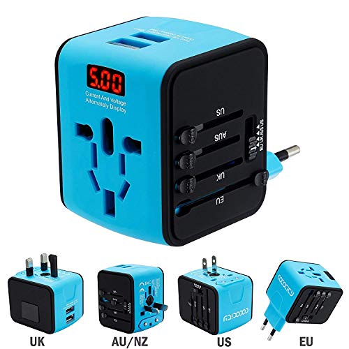 FEIGO Adaptador Enchufe de Viaje Universal Dos Puertos USB Cargador Internacional con MAX 2.4A para US EU UK AU Japon Asia África Más de 150 Países y Seguridad de Fusibles (Azul)