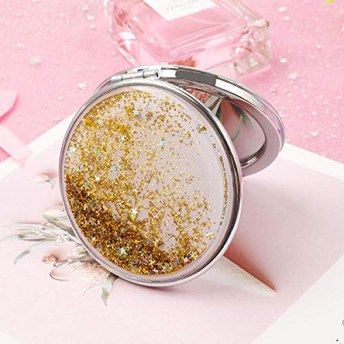 FGHOMEYWKDJ Mini Espejo de Maquillaje de Moda de 2 Caras Espejo Compacto de Maquillaje Creativo con Espejo de Bolsillo de Arena con Espuma Que Fluye-1_Oro