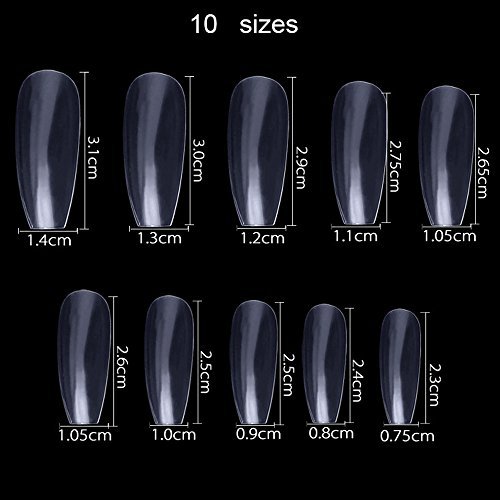 FIGHTART - Juego de 600 uñas transparentes artificiales en forma de ataúd, 10 tamaños