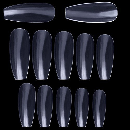 FIGHTART - Juego de 600 uñas transparentes artificiales en forma de ataúd, 10 tamaños