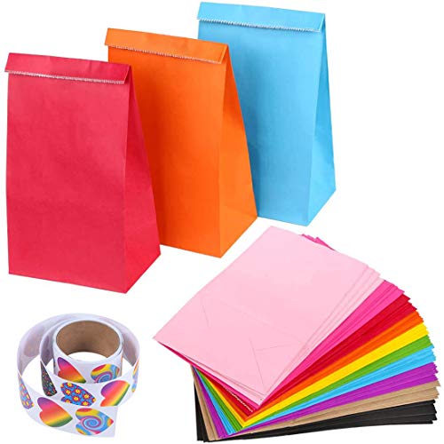 flintronic Bolsas de Regalo, 50 pcs Bolsa de Papel Kraft Bolsas de Papel en 10 Colores (+ 100 Piezas Lindas Pegatinas), para Fiestas, Ceremonias de Graduación, Bodas, Aniversarios, Navidad etc