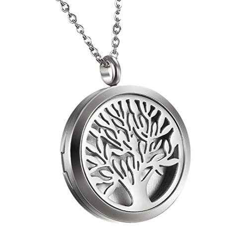 Flongo Collar con Colgante de Locket Perfume Difusor Aromaterapia, Mujer arbol de Vida Colgante de Moneda Hueco para Aceite Esencial con 6 Almohadillas, Color Plateado Vintage, Regalo para Mujeres