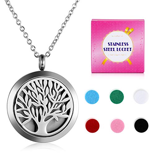 Flongo Collar con Colgante de Locket Perfume Difusor Aromaterapia, Mujer arbol de Vida Colgante de Moneda Hueco para Aceite Esencial con 6 Almohadillas, Color Plateado Vintage, Regalo para Mujeres