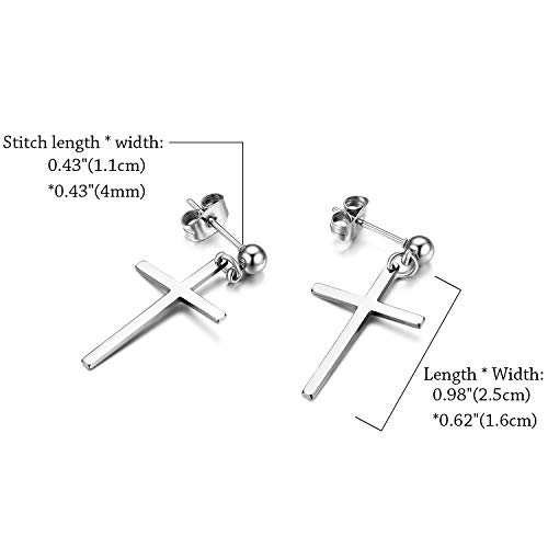 Flongo Pendientes de Cruz Largo Pendientes pequeños, Pendientes de Acero Inoxidable Plateado, Pendientes de Mujer Hombre Estilo Hip Hop Unisex, 1 par