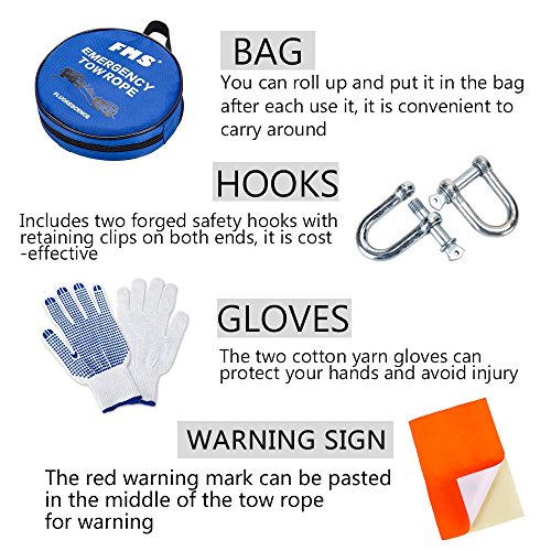 FMS Nylon Eslinga Cuerda de Remolque Resistencia 5 Ton, 3,8m Longitud, Coche Remolque Correa de Cuerdas para Remolque Resistente con 2 Grilletes