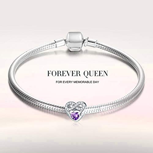 FOREVER QUEEN Símbolo de Infinito en Forma de Corazón Abalorios Charms Plata de ley 925 con 5A Circonita Morado Elegante, Cuentas para Pulsera, Regalo del Día de la Madre del Día de San Valentín