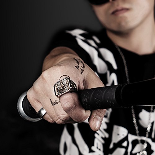 ForFox Anillo de Illuminati Masónico Titanio pilares & Calavera & Tibias Cruzadas Oro Rosa para Hombres Talla 22