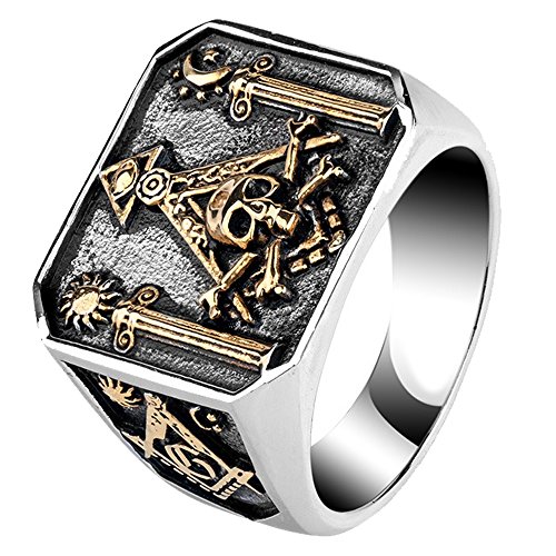 ForFox Anillo de Illuminati Masónico Titanio pilares & Calavera & Tibias Cruzadas Oro Rosa para Hombres Talla 22