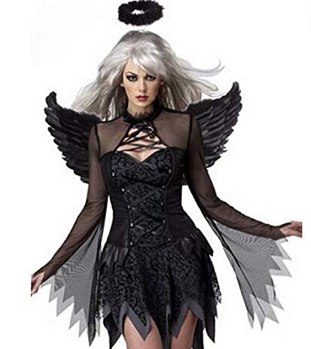 Fortuning's JDS Mujeres Cosplay Vestido Negro de ángel Alas Banda para el Cabello Halloween Disfraz de Fiesta (3Pcs)