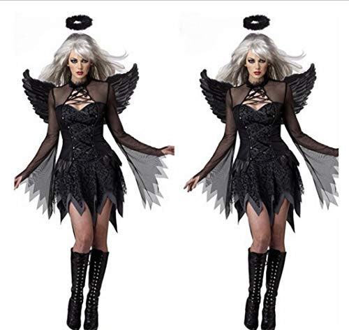Fortuning's JDS Mujeres Cosplay Vestido Negro de ángel Alas Banda para el Cabello Halloween Disfraz de Fiesta (3Pcs)
