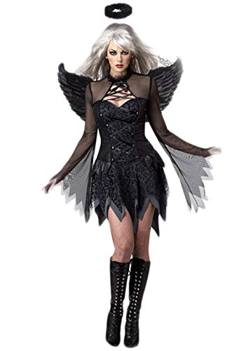 Fortuning's JDS Mujeres Cosplay Vestido Negro de ángel Alas Banda para el Cabello Halloween Disfraz de Fiesta (3Pcs)