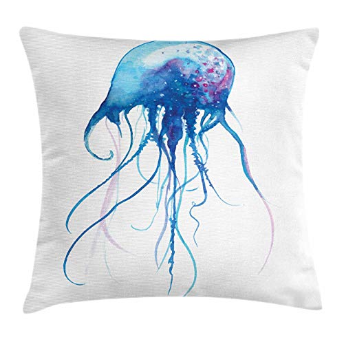 FULIYA Throw Pillow Cases Decorative Soft Square, Watercolor Style Subaquatic Wildlife Illustration in Blue Tones，Throw Pillow Cover Cushion Case for Sofa 12x12 Inch